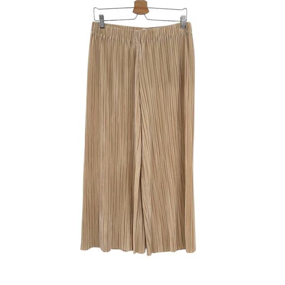Alice + Olivia Benny Pants Ribbed Pleated Plisse Cropped Wide Leg Tan Size Large - Picture 2 of 10